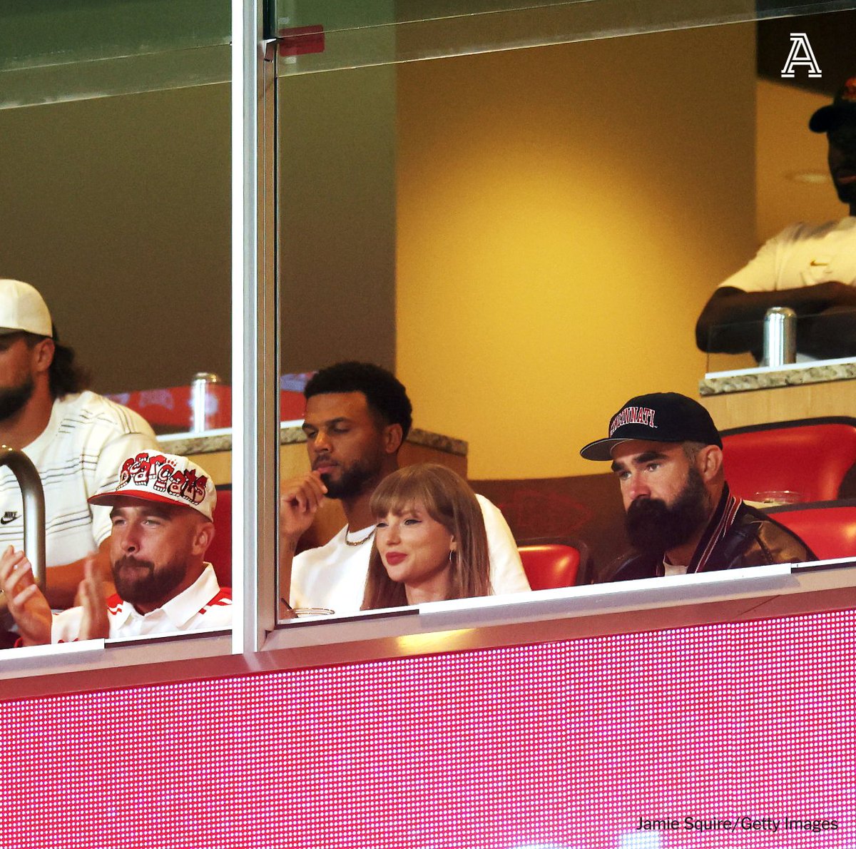 Taylor Swift joins Jason and Travis Kelce as the brothers cheer on their alma mater at Arrowhead Stadium 🔥

The Bearcats take on the Cornhuskers in Week 1 action.