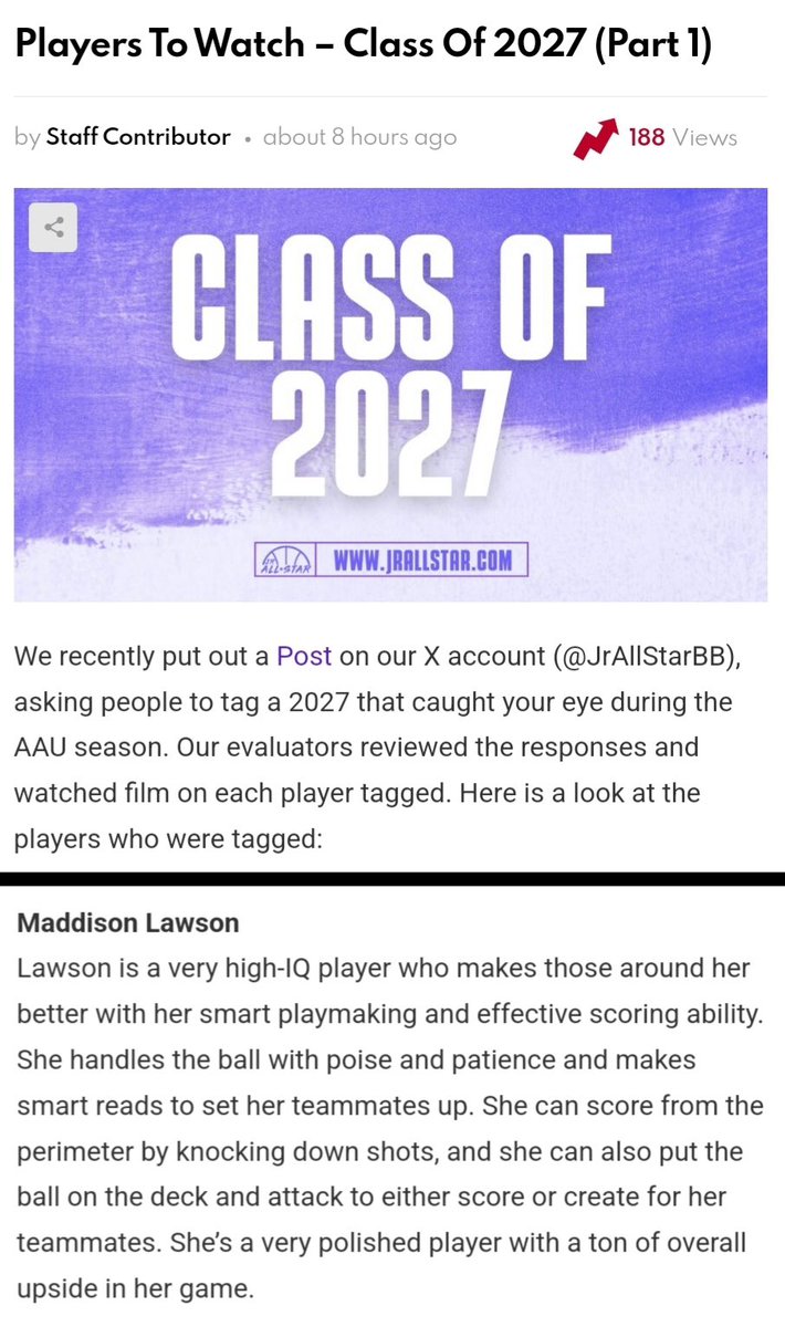 Maddison Lawson (@maddyice2027) on Twitter photo Thank you so much <a href="/JrAllStarBB/">Jr. All-Star Girls Basketball</a> for including me in Players To Watch in 2027! I really appreciate the write up and can’t wait for my school season with <a href="/SBRileyGBBall/">Riley Girls Basketball</a> Thank you so much <a href="/JrAllStarBB/">Jr. All-Star Girls Basketball</a> for including me in Players To Watch in 2027! I really appreciate the write up and can’t wait for my school season with <a href="/SBRileyGBBall/">Riley Girls Basketball</a>