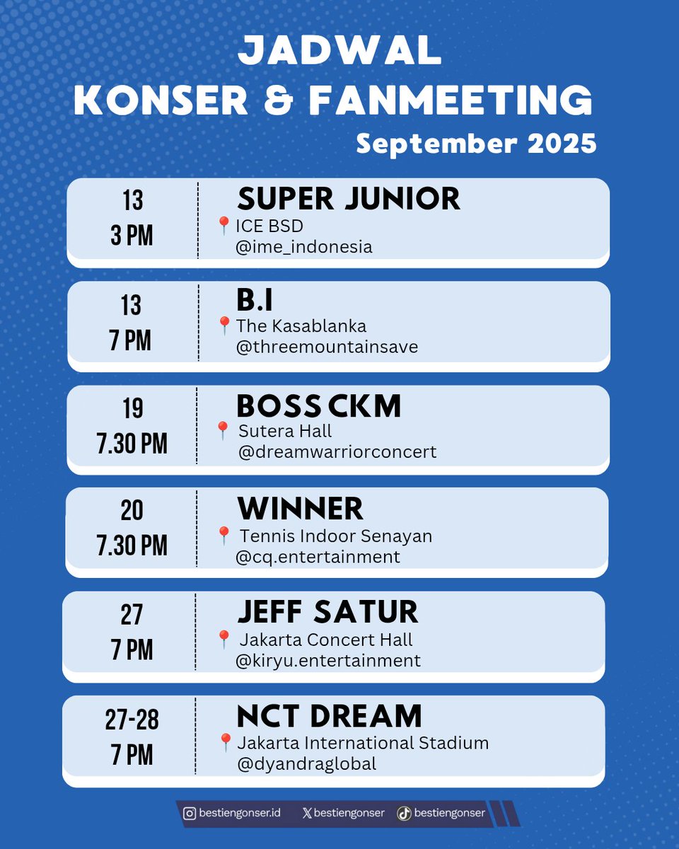 Jadwal Konser dan Fanmeeting September 2025

#bestiengonser
#infokonser
#jadwalkonser
#konserjakarta