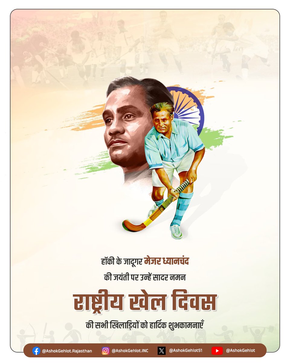 हॉकी के जादूगर,महान खिलाड़ी मेजर ध्यानचंद की जयंती पर उन्हें सादर नमन एवं राष्ट्रीय खेल दिवस की सभी को हार्दिक शुभकामनाएं। 

खेलों का हमारे व्यक्तित्व निर्माण में अहम योगदान होता है, टीम स्प्रिट, तुरंत निर्णय लेने की क्षमता का विकास होता है।