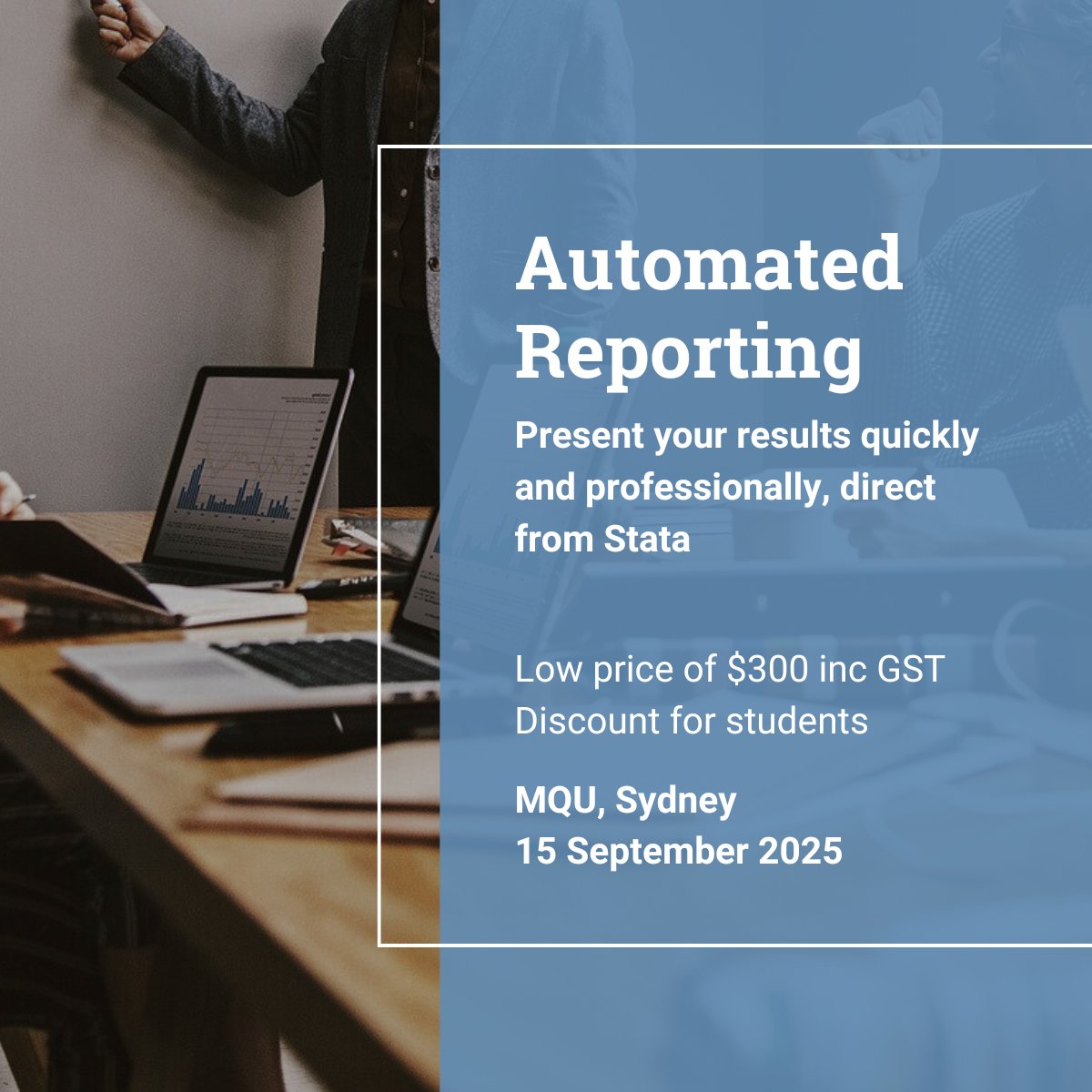 Calling all staff, students and affiliates of <a href="/Macquarie_Uni/">Macquarie University</a>! SDAS is running our training Automated Reporting on 15 Sep. This is a one-day course focusing on the Stata tools for automated reporting. Register at surveydesign.com.au/stata/training…
