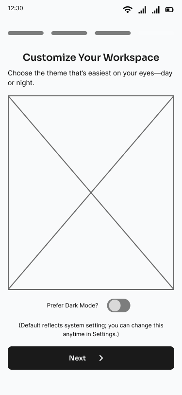 alihameendesign's tweet photo. Wireframing update ✍️
New onboarding screens:
🌗 Customize workspace (light/dark)
💱 Set currency (overlay)
Personalization at start—boosts engagement or better later?
#UXDesign #wireframes #MobileUX #SaaS #UXForStartups https://t.co/RYIfkUUfRc