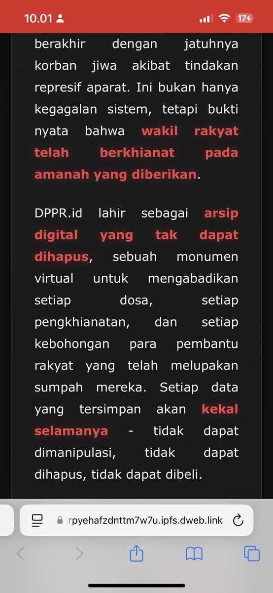 jeileilo's tweet image. Twitter Please do your magic.
Tolong sebarin ini ke semua orang agar semua bisa kontribusi dan terus mengingat dosa besar dari DPR
LINK: …pnfeqrpyehafzdnttm7w7u.ipfs.dweb.link
Tolong submit semua data yang udah terjadi sampai hari ini