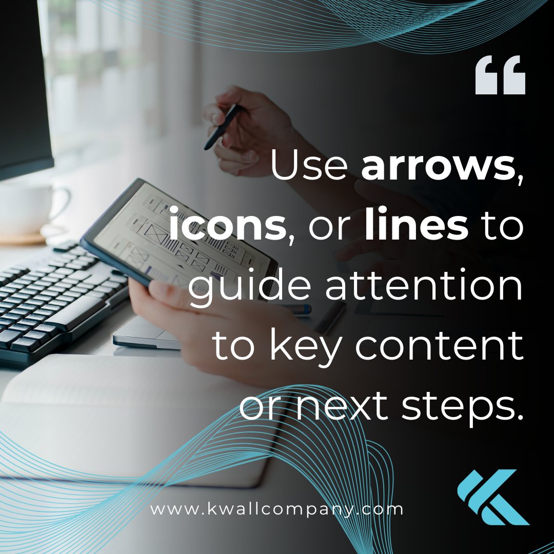 kwallcompany's tweet image. 👀 Guide the eye.
Arrows, icons, and lines point users to what matters most—no words needed. A small cue can make a big impact on UX.
#UXTips #WebDesign #UserJourney #DigitalExperience #KWALL