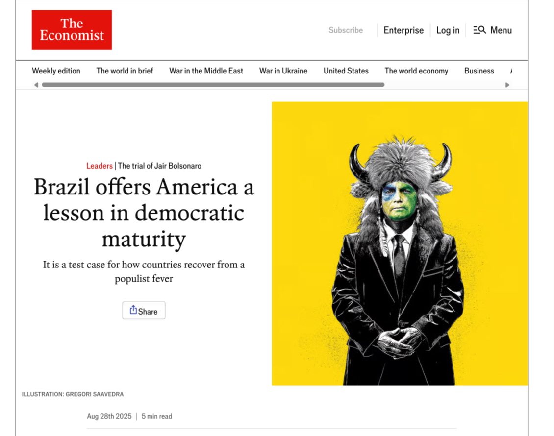 mauad_joao's tweet image. Só agora consegui ler o famigerado texto da The Economist, que tem feito tanto sucesso nas hostes petistas e na mídia militante. 

Apesar da manchete bombástica, segundo a qual o Brasil estaria dando lição de maturidade democrática aos EUA, a matéria é bem fraquinha,…
