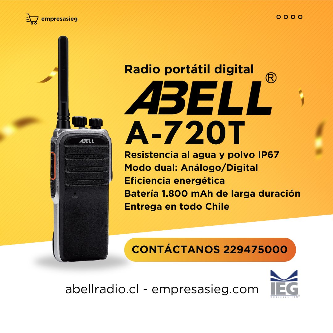 Radio portátil digital Abell A720T
 
Excelente rendimiento al mejor precio
 
🚚 Entrega en todo Chile
💬 Cotiza fácil, rápido y sin compromiso
📲 ¡Radios Abell la mejor opción en comunicación!

📍 Dirección: Villaseca 385, Ñuñoa – Santiago
📞 Fono: 22 947 5000