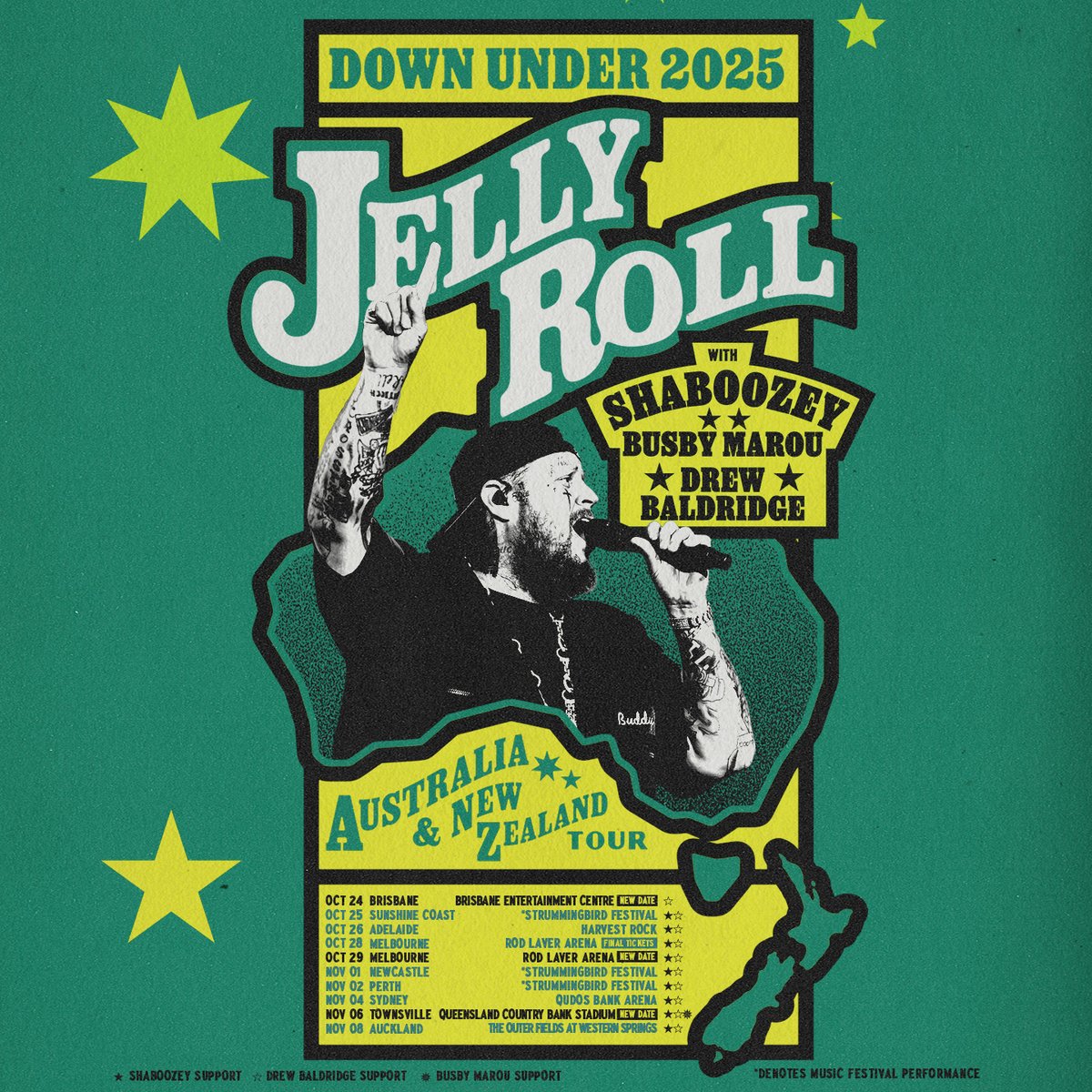 LiveNationAU's tweet photo. Brisbane and Townsville you're next🔥 Jelly Roll’s new shows are locked in. Grab your tickets before they’re gone → https://t.co/H0Eoi9B26g https://t.co/dPc1jRKJ2H