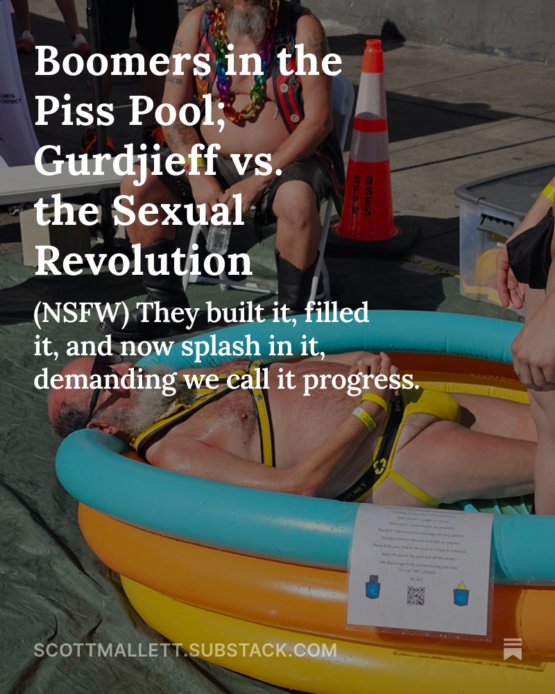 unprovokedscott's tweet photo. "They built it, filled it, and now splash in it, demanding we call it progress."

https://t.co/b7DQjLU0Mh #Gurdjieff #SexualRevolution #boomers https://t.co/H8QdvnVBBb
