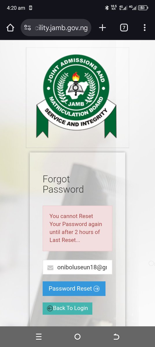 bukolaleye22's tweet photo. @JAMBHQ pls am trying to do password reset is not going I didn't receive d password in my Gmail. Another ways to get dat pls.
Dats d response am getting https://t.co/iatmUMMa3g