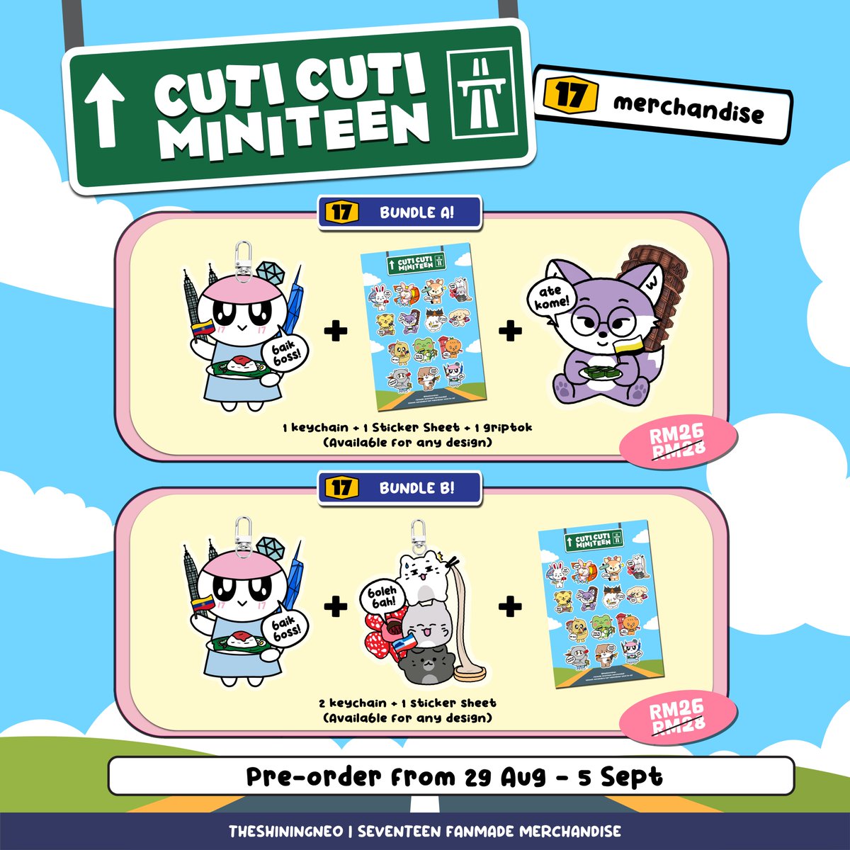 [HELP RT] CUTI-CUTI MINITEEN merchandise by @theshiningneo 🇲🇾

💌Keychain – RM10 each
💌Sticker Sheet – RM8 each
💌Griptok – RM10 each
🚚Postage: RM8 (WM) / RM15 (EM)
🗓️Pre-order: 29 Aug – 5 Sept

🛒Order now: forms.gle/EcSrVHHaduoGoD…
📩Dm for inquiries!

#pasarseventeen #pasarSVT