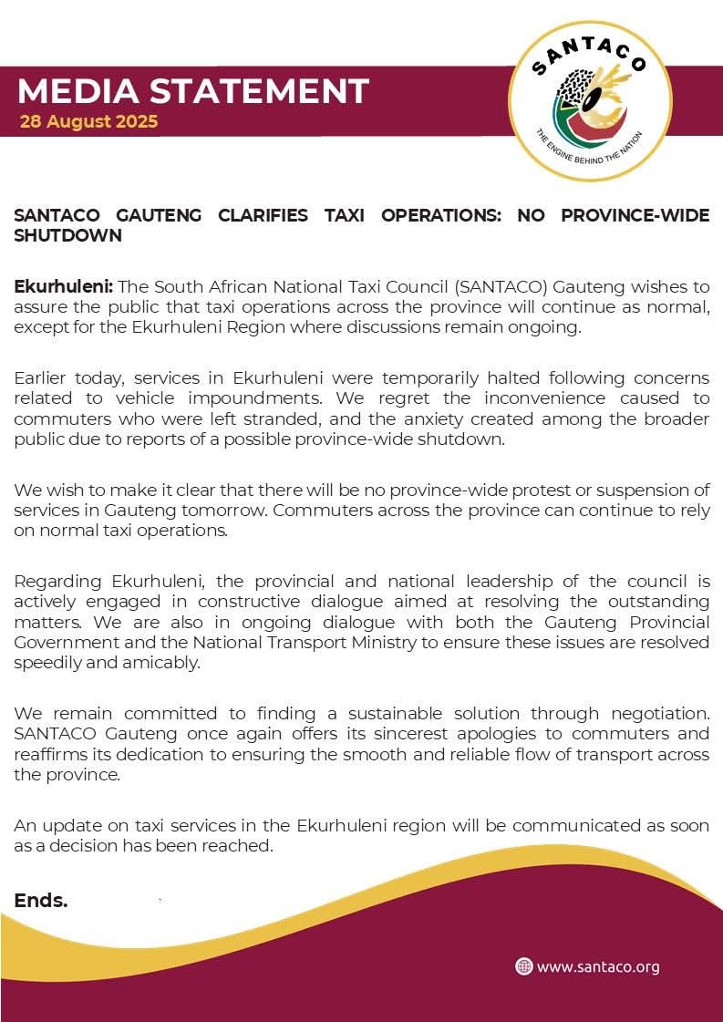 SANTACO isikhiphe i statement iphikisa ebekushiwo u usihlalo ukuthi ama taxi ngeke ahambe i province yonke yase Gauteng.