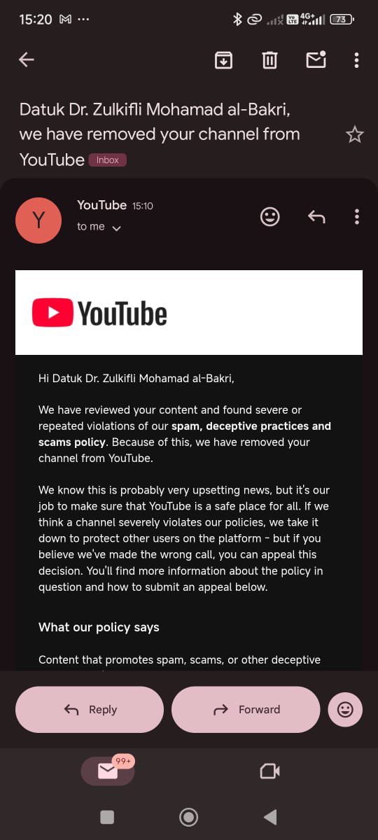 drzul_albakri's tweet image. Dengan penuh rasa dukacita serta reda atas ketentuan-Nya, saya ingin memaklumkan bahawa YouTube Channel rasmi Datuk Dr. Zulkifli Mohamad al-Bakri yang telah menghimpunkan lebih 100,000 pelanggan serta ribuan rakaman kuliah dan siri pengajian telah dipadam oleh pihak YouTube.…