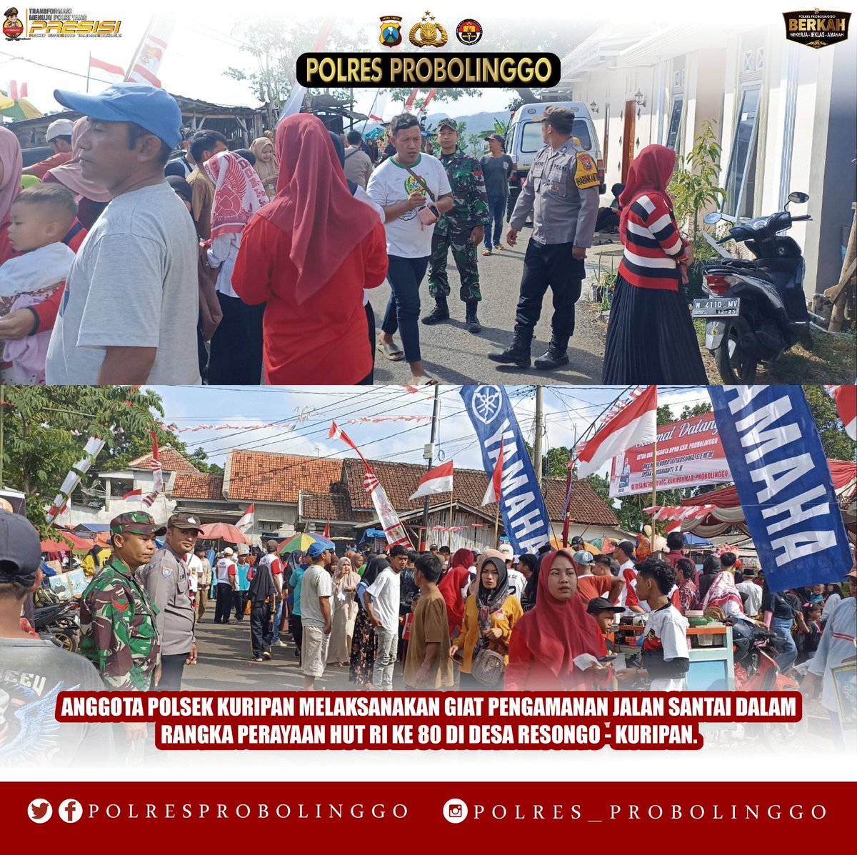 BantaranSektor's tweet image. ✨ Semarak HUT RI ke-80 ✨

Polsek Kuripan bersama TNI dan masyarakat melaksanakan pengamanan kegiatan Jalan Santai di Desa Resongo, Kecamatan Kuripan.

#PolresProbolinggo #PolsekKuripan #HUTRI80  #TNIPolri #PolriPresisi #PolriUntukMasyarakat