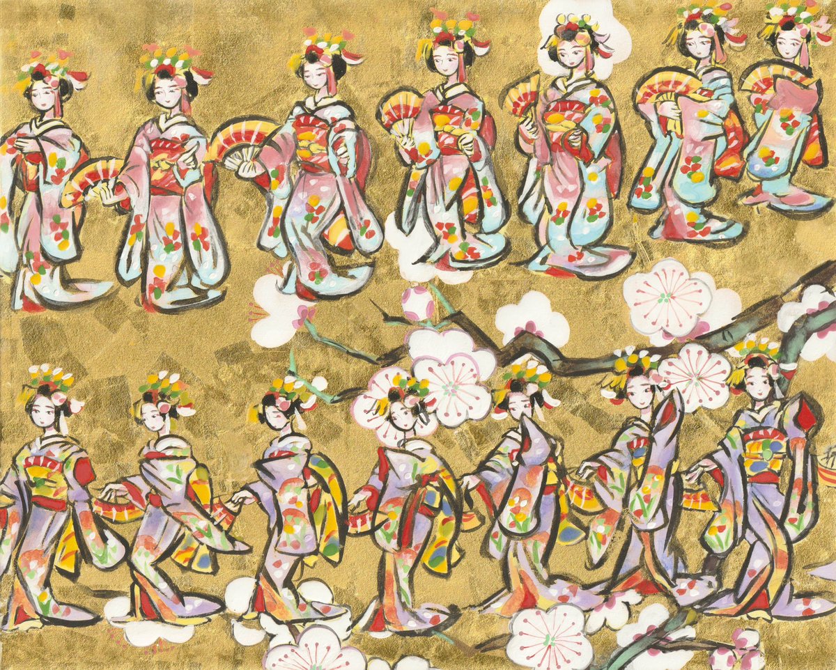yamaba65's tweet photo. 「天神さんの踊り」（白梅）F3号2枚組
9/17日からの京都高島屋での個展で展示します🌸 https://t.co/0RnKlzQjMc