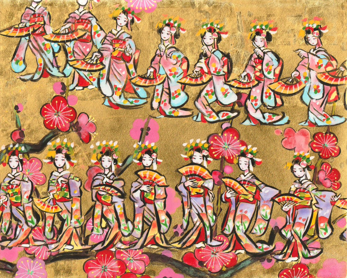 yamaba65's tweet photo. 「天神さんの踊り」（白梅）F3号2枚組
9/17日からの京都高島屋での個展で展示します🌸 https://t.co/0RnKlzQjMc