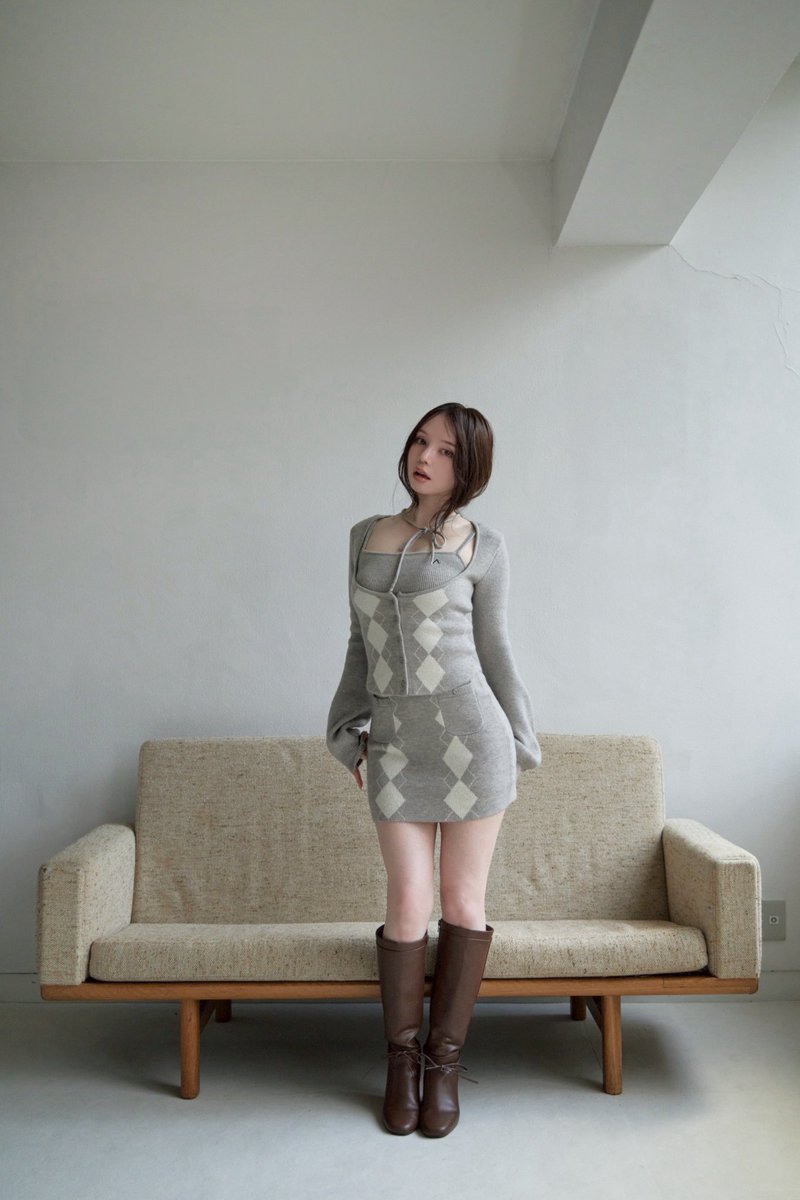 Argyle ribbon knit set up color pink/gray ¥19800-tax in 柔らかな