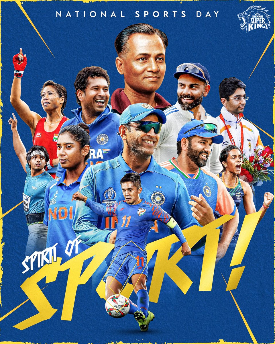 ChennaiIPL's tweet photo. On this National Sports Day, celebrating India’s sporting legends who have inspired generations to dream bigger! 🌟🇮🇳 

#NationalSportsDay #WhistlePodu https://t.co/2ZxaHGXp3L