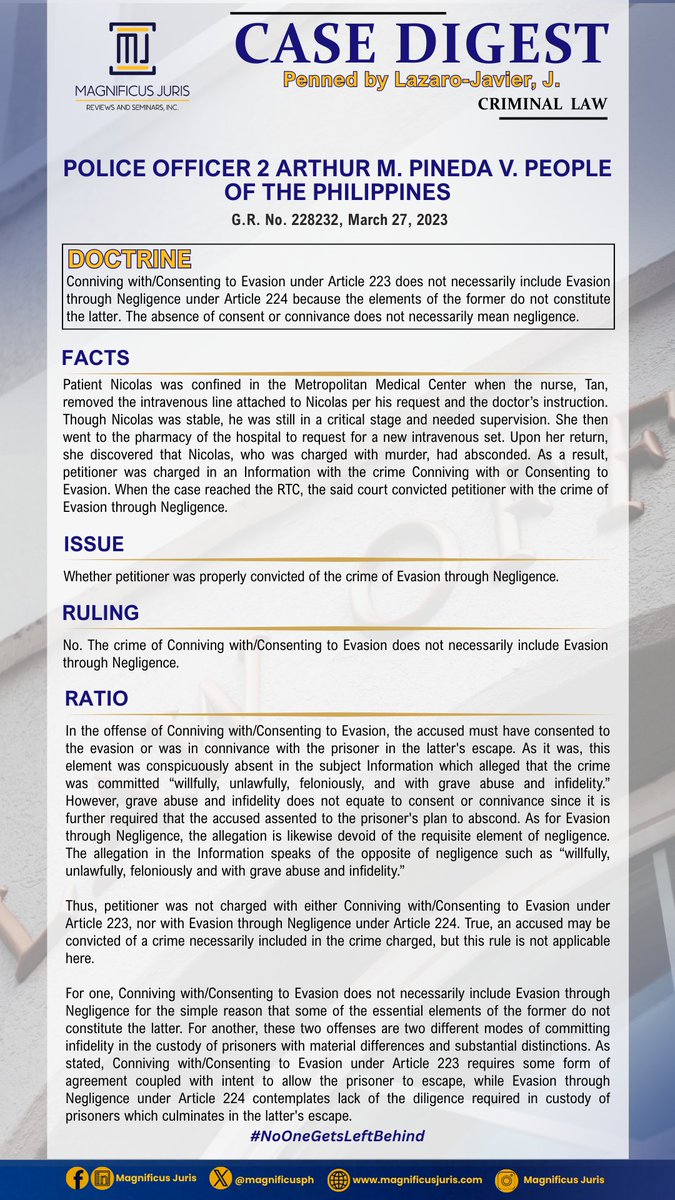 magnificusph's tweet photo. In a recently decided case, the Supreme Court emphasize that in the offense of Conniving with/Consenting to Evasion under Article 223 does not necessarily include Evasion through Negligence under Article 224 because the... (please see description) https://t.co/eTkn2EWBkZ