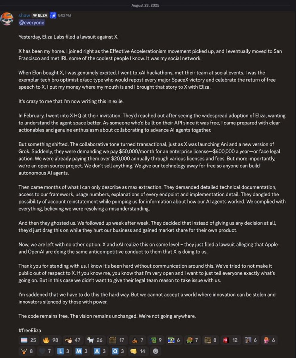 AzFlin's tweet image. Shaw is suing X for anti competition

the OG eliza repo used X’s graphQL endpoints (that our front ends query) to read and write to X. It did not use X’s paid API. The repo has been banned off GitHub but forks still live on and are functional

Funny to see Elon bully him here. X…