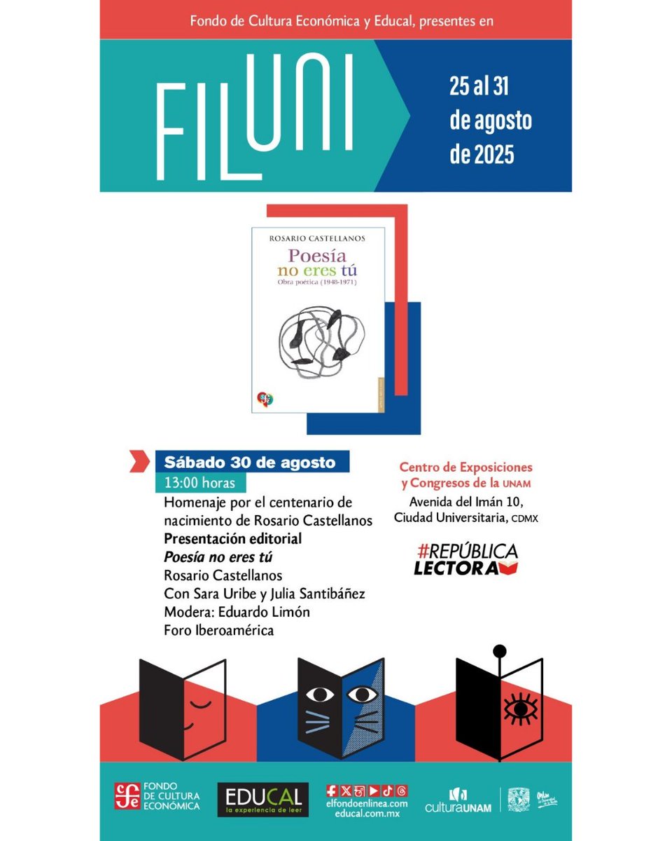 ✨️📚 En el marco de #FILUNI2025, rendimos homenaje a Rosario Castellanos en el centenario de su nacimiento.

📖 Presentamos "Poesía no eres tú" Obra poética (1948-1971), un volumen que reúne lo más profundo y depurado de su voz, entre ellos "La lamentación de Dido".

🗓 Sábado
