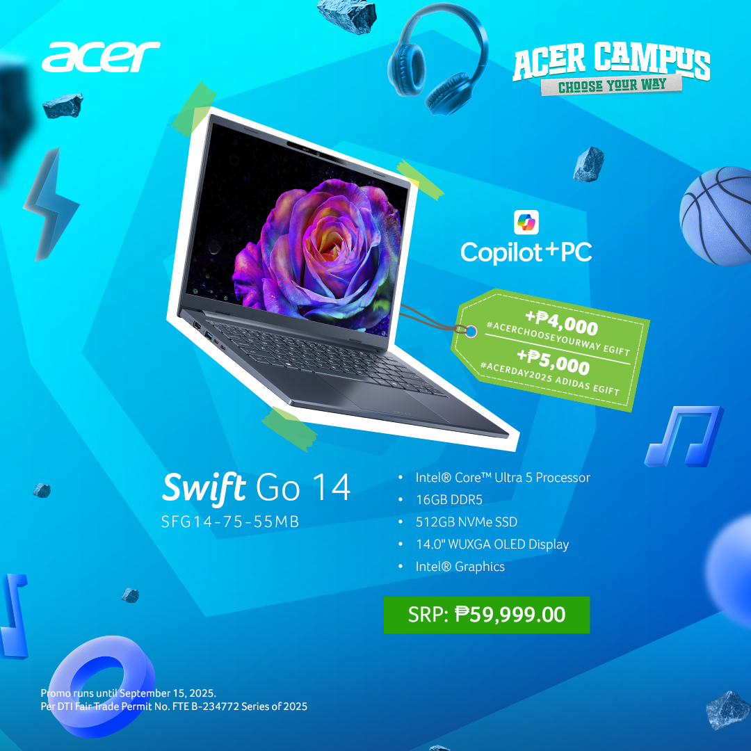 AcerPhils's tweet image. 📝 Notes? Drafted.
📊 Slides? Sorted.
🧠 Brain cells? Saved.

The #AcerSwiftGo 14 is your second brain for the upcoming school year, packed with AI capabilities that handle the hustle for you.

Get this #AIPC for only ₱59,999 along with #AcerChooseYourWay and #AcerDay2025 eGifts…