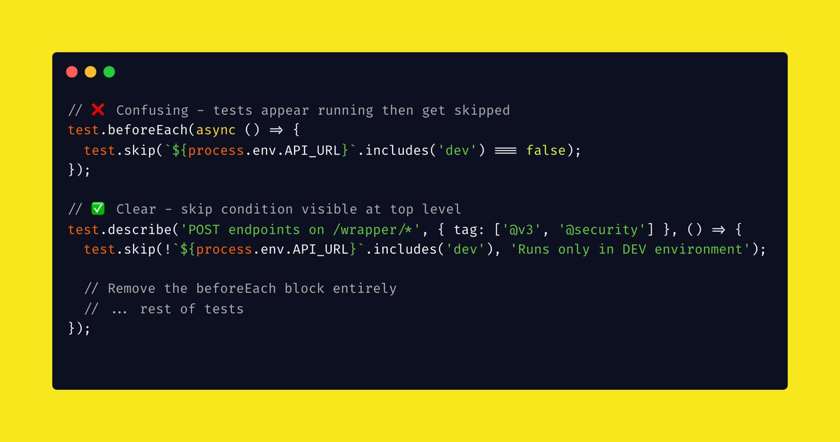 Nikolay_A00's tweet image. 🚨 Stop using beforeEach for conditional test skipping in Playwright

Here&apos;s the cleaner pattern ↓

❌ Problem: Late discovery + execution overhead

✅ Solution: Describe-level skipping

♻️ Repost to help others learn automated testing.
#playwright #typescript #testing #code