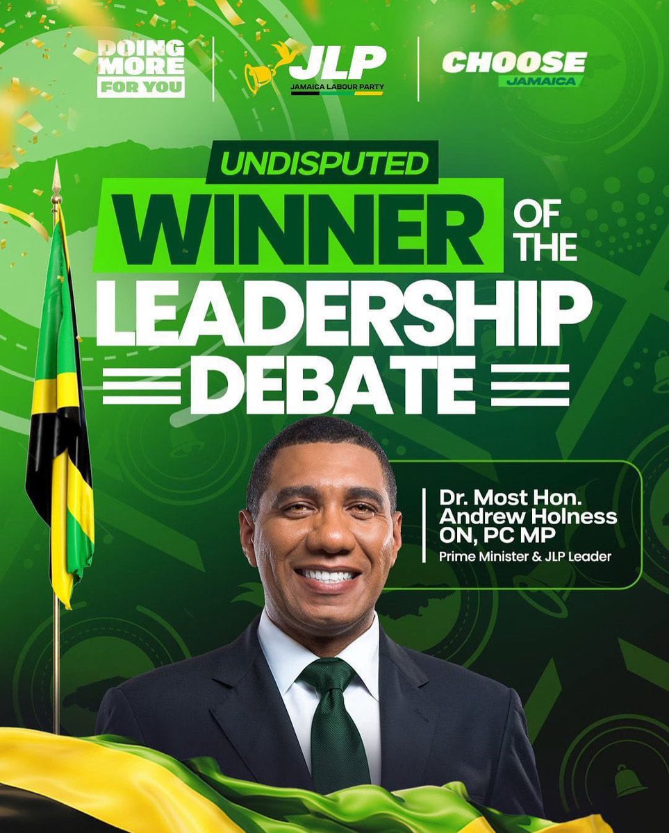 Congratulations to Dr. the Most Hon. Andrew Holness, the clear winner of the debate and the voice of confidence and results. He reminded us that when we Choose Jamaica, we choose a brighter future.
Vote 🔔✖️

#ChooseJAH #ChooseJLP #ChooseJamaica