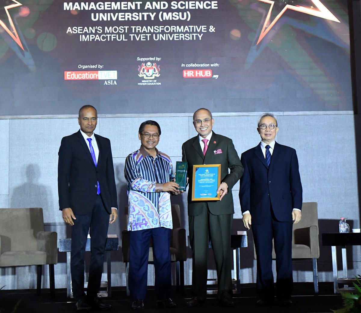 MohdShukriYajid's tweet photo. Honoured that @MSUmalaysia has been named "ASEAN’s Most Transformative &amp; Impactful TVET University" at the Malaysia Edu &amp; TVET Awards 2025. Delighted to receive the award from the Deputy Minister @MustaphaSakmud and thanks for the recognition. @DrZahidHamidi @MOHEOfficial https://t.co/DiZa9CKwgo