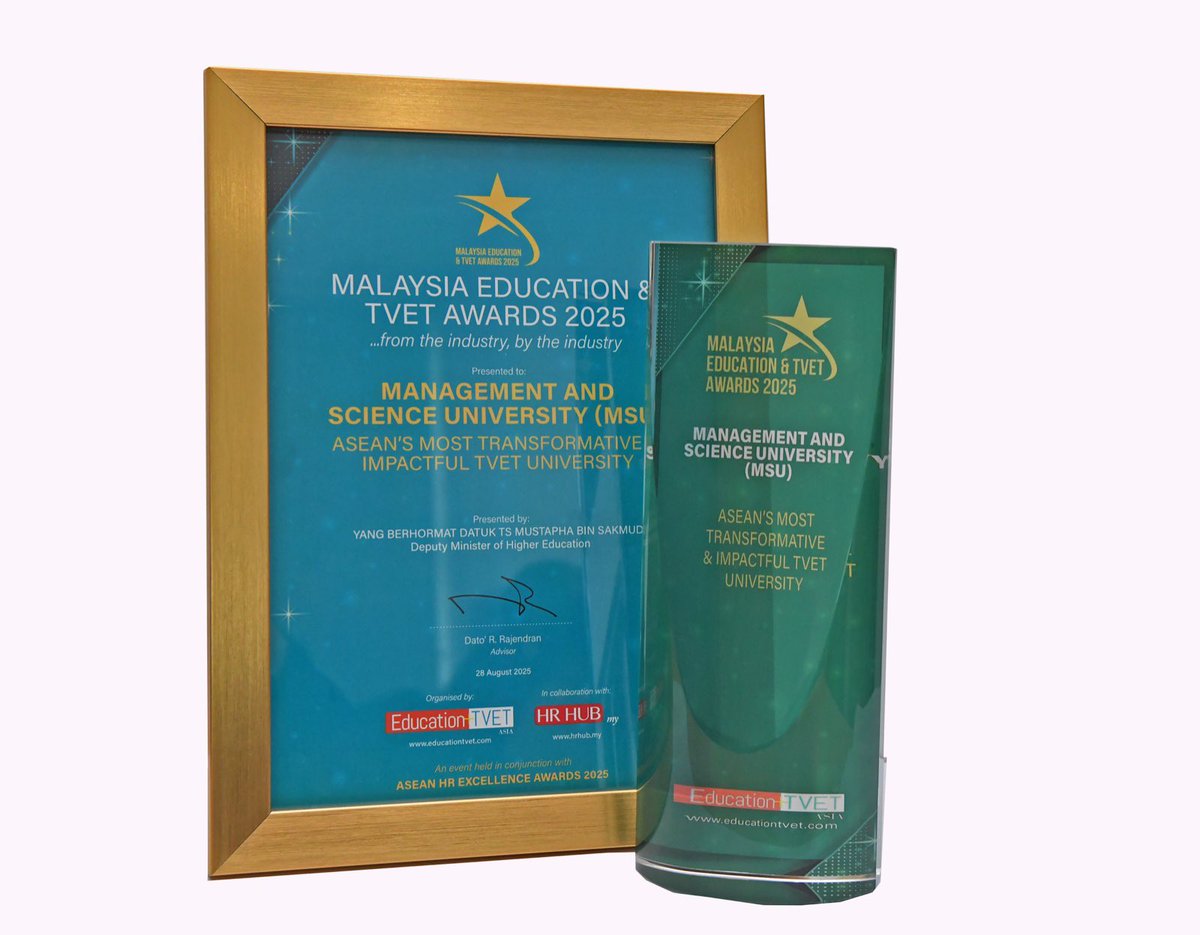 MohdShukriYajid's tweet photo. Honoured that @MSUmalaysia has been named "ASEAN’s Most Transformative &amp; Impactful TVET University" at the Malaysia Edu &amp; TVET Awards 2025. Delighted to receive the award from the Deputy Minister @MustaphaSakmud and thanks for the recognition. @DrZahidHamidi @MOHEOfficial https://t.co/DiZa9CKwgo