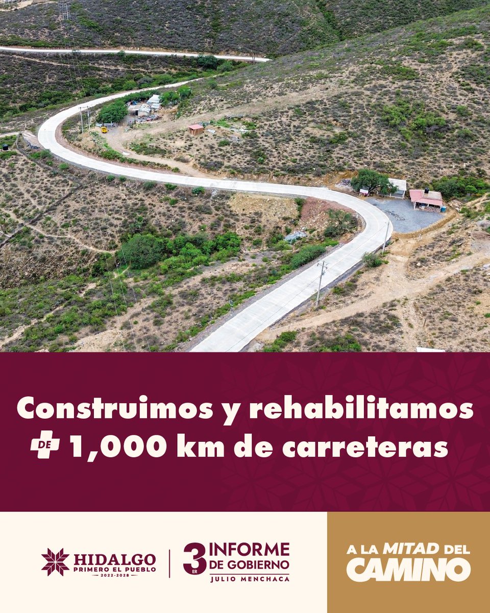 Se han mejorado caminos para conectar a Hidalgo,
acercar servicios, abrir oportunidades y promover
el desarrollo de las familias. 🛣️✅

#PrimeroElPueblo
#ALaMitadDelCamino