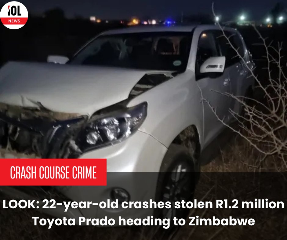 IOL's tweet image. Police in Limpopo foiled a smuggling attempt near Solomondale, recovering a stolen Toyota Prado VX worth R1.2 million. A 22-year-old suspect was arrested en route to Zimbabwe.  
#BorderSecurity #StolenVehicle #CrimeWatch #LimpopoPolice #ToyotaPrado #CrossBorderCrime #SAPS…