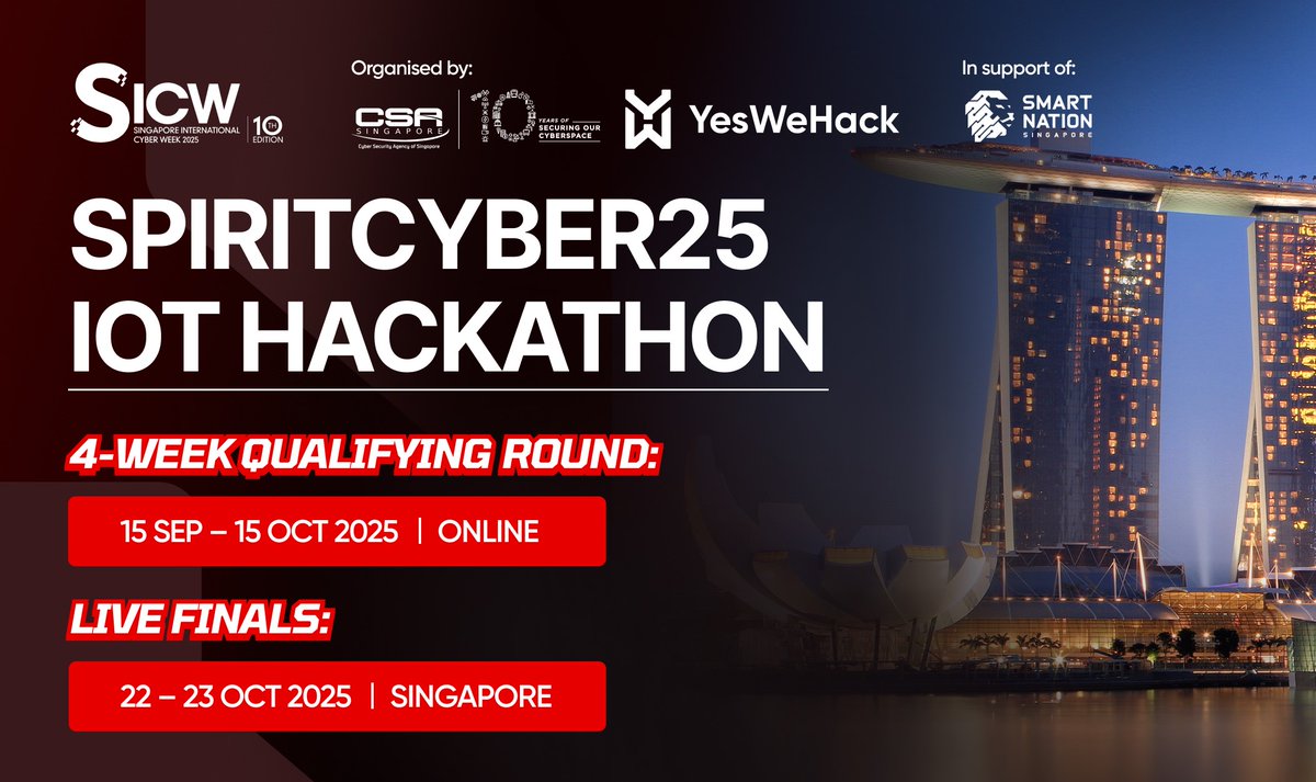 yeswehack's tweet image. 🚨 SPIRITCYBER 2025 IoT Hackathon is back: Hunters, this is your chance to prove your skills on a global stage.

@CSAsingapore &amp;amp; @yeswehack are challenging hackers worldwide to test #SmartDevices used across Singapore.
🧠 4-week online qualifiers (15 Sep – 15 Oct)
🏆 Top teams…