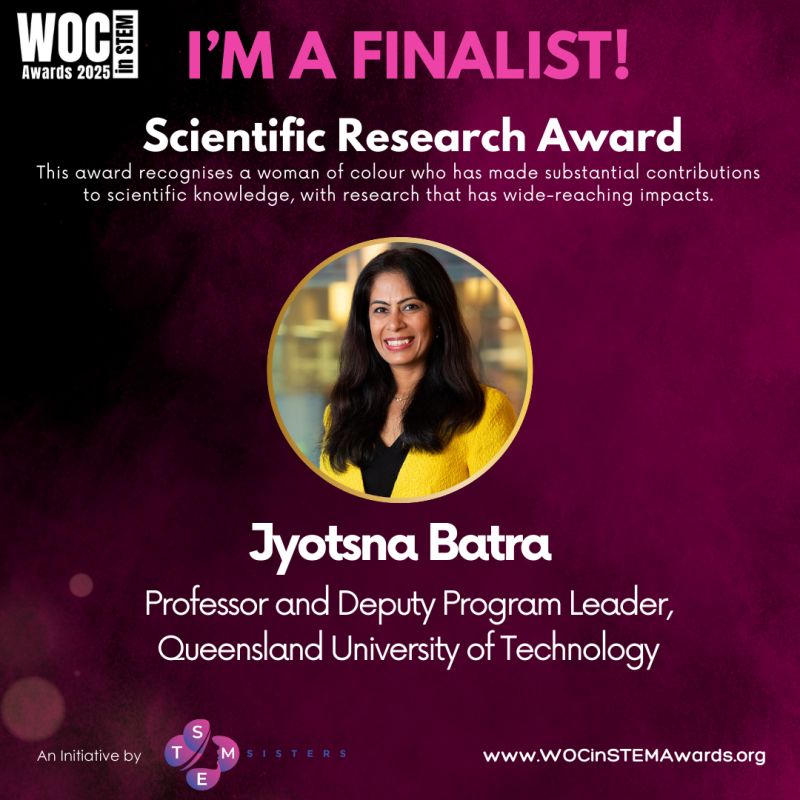 TRI-based <a href="/jyotsnabatra/">Prof Jyotsna Batra</a> (<a href="/QUT/">QUT</a>) is a finalist in the Women of Colour in STEM Awards, celebrating those who ignite innovation/break barriers. She studies genes for links with disorders to identify new diagnostic/prognostic/therapeutic opportunities. Winners will be announced Oct 6.