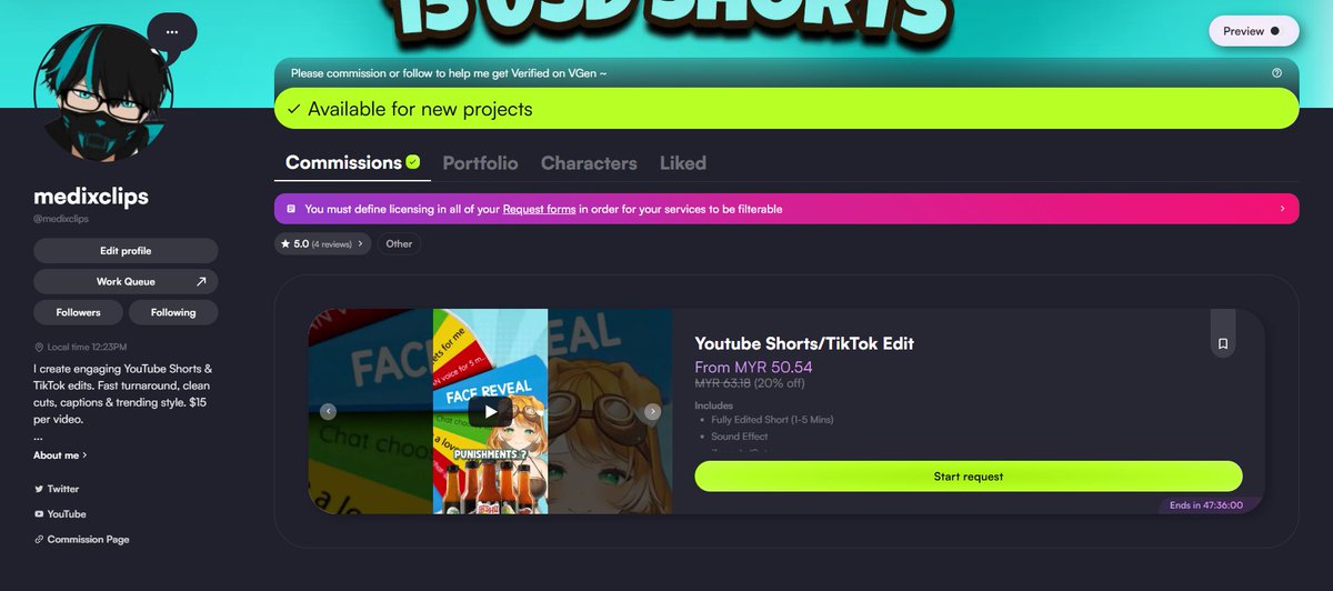 MedixClips's tweet image. Big news vtubers! 🎉 I’ve reopened my VGen commissions 💻

I’ll be editing TikToks &amp;amp; YouTube Shorts for only $15 (limited time offer at $12 🚨).

If you want your content looking sharp &amp;amp; engaging, I got you 💪 Please share around! &amp;lt;3
👉 vgen.co/medixclips