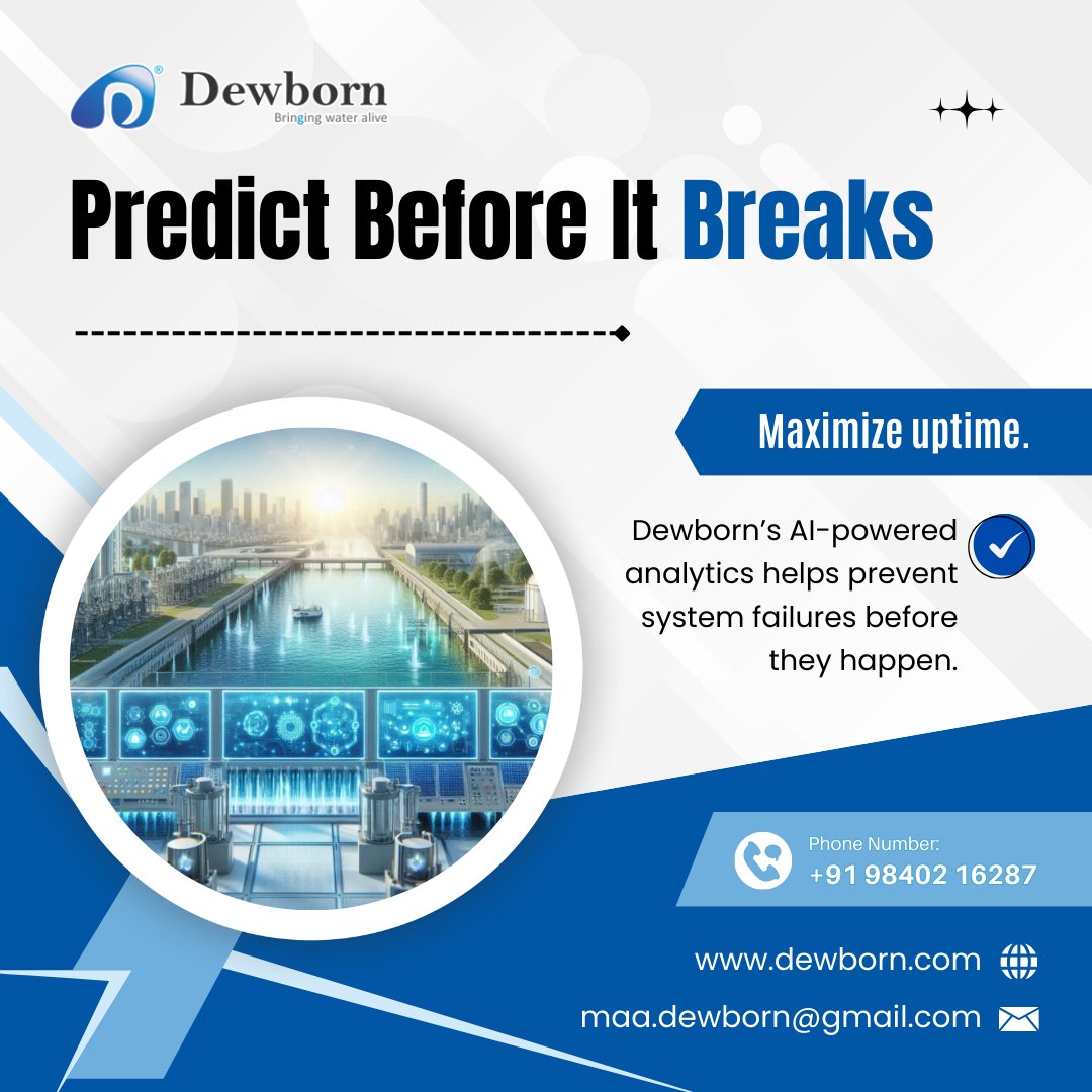 Dewborn1's tweet photo. Predict. Prevent. Perform.
Don’t wait for failure—predict it.
Our analytics system flags anomalies before they become problems in your RO, DAF, or cooling systems.
AI-based patterns
Maintenance reminders
Uptime optimization
Switch to preventive power with Dewborn. https://t.co/6kRuG4r3aM