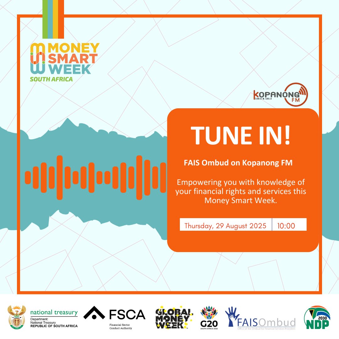 faisombud's tweet image. Catch the FAIS Ombud on Kopanong FM in support of #MoneySmartWeek South Africa. Learn about your financial rights, how to avoid common pitfalls, and how our office can assist if you have a complaint against a financial services provider.