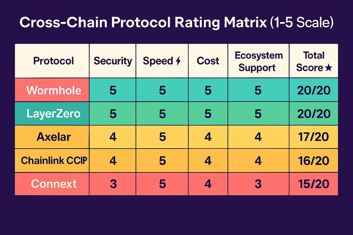 DataPreview's tweet photo. Cross-Chain  2025  
Who’s leading the interoperability race?  #Wormhole &amp; #LayerZero score a perfect 20/20 across security, speed, cost &amp; ecosystem strength.  
#Axelar, #Chainlink CCIP &amp; #Connext follow close behind.  
The future of modular dApps
Crypto #DeFi #Interoperability https://t.co/cVmnkMLJmT