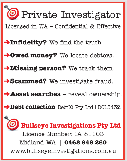 PrivateBullseye's tweet photo. Visit: https://t.co/XDqyx7QOWW 

#privateinvestigator #midlandwa #perthsmallbusiness #cityofswan #perth #investigations #surveillance #backgroundcheck #detectiveservices #pi #assettracing #legalinvestigation #corporateinvestigation #perthlife https://t.co/FXK992gdhC