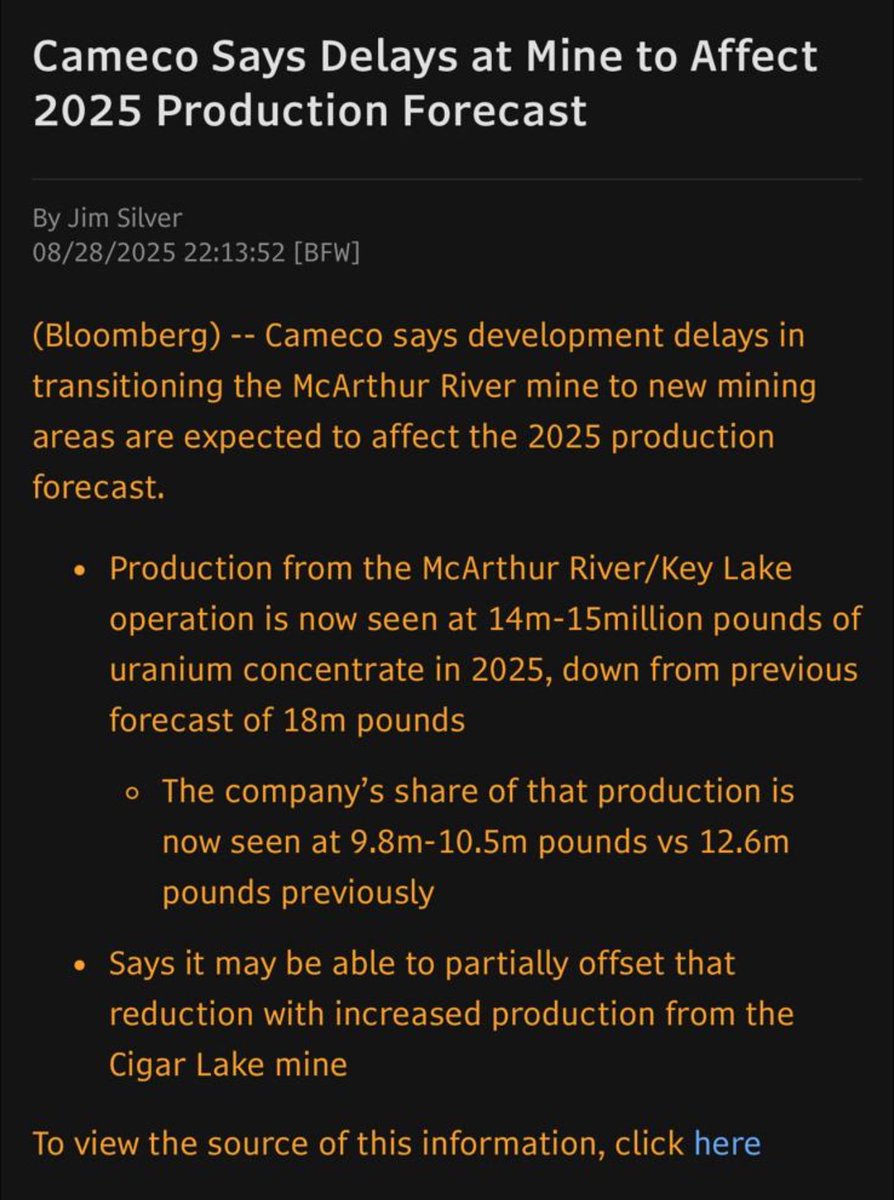 Even the gold standard in #uranium mining faces difficulty from time to time. 2.5% of primary supply gone for 2025, just as the largest producer cuts production capabilities by 10% for 2026. A perfect storm ahead of WNA in London next week.