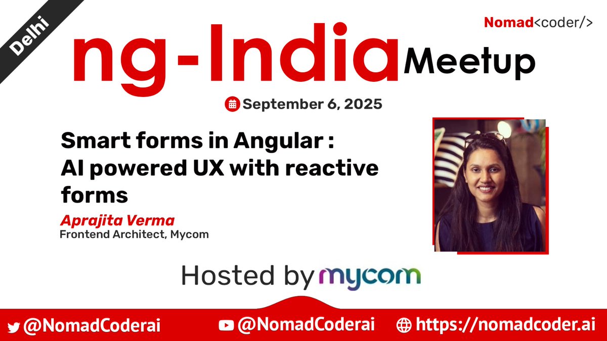 debug_mode's tweet image. We are delighted to announce that Aprajita Verma. will be joining us as a speaker at the upcoming #ngIndia Delhi Meetup.

She will deliver a talk on -  “𝗦𝗺𝗮𝗿𝘁 𝗙𝗼𝗿𝗺𝘀 𝗶𝗻 𝗔𝗻𝗴𝘂𝗹𝗮𝗿” 🔥

linkedin.com/feed/update/ur…

#nomadcoder #angular #ngIndia #AiIndia