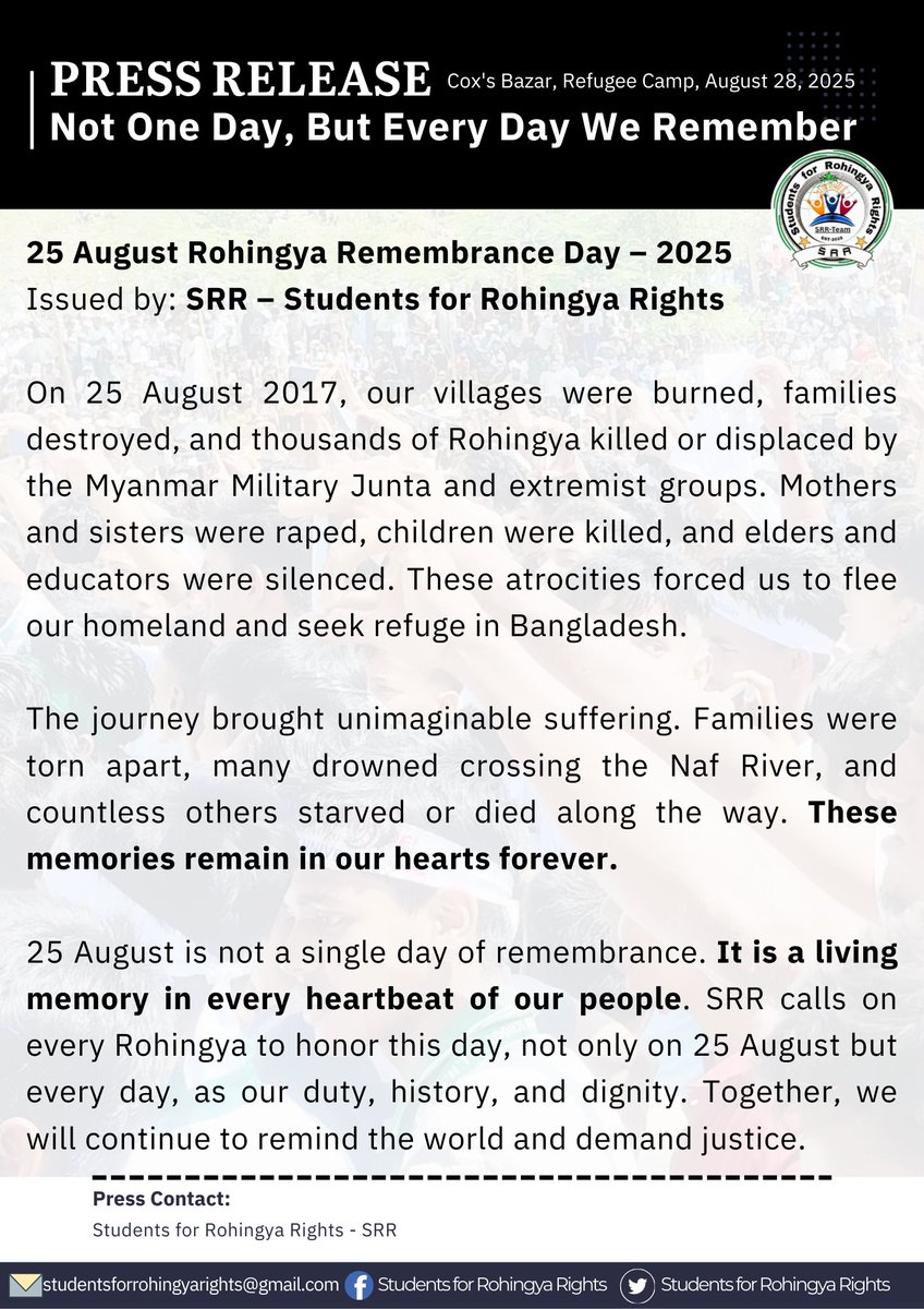 Students4r8's tweet photo. Not One Day, But Every Day We Remember This Day

We, SRR, call upon every Rohingya to remember this day not only on 25 August, but every single day, until the end of our lives. This is our responsibility, our history, and our dignity. Together
--><--
https://t.co/V82QJ01Ssc https://t.co/OekgAXurMo