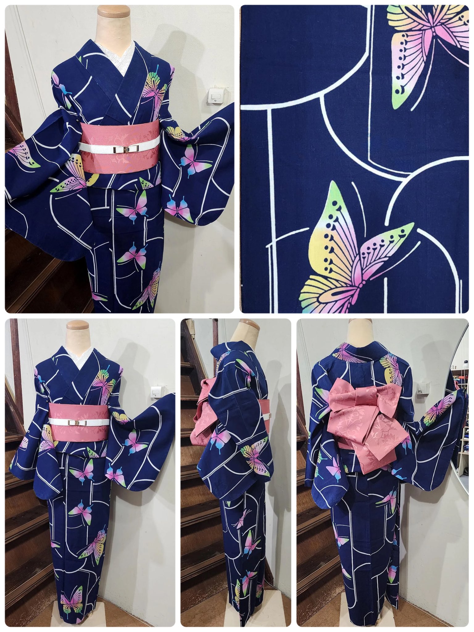 注染浴衣 ココア 【Kansail】花蝶 手染め注染 型染浴衣 濃紺 幻想的な胡蝶の夢を注染技法で表現