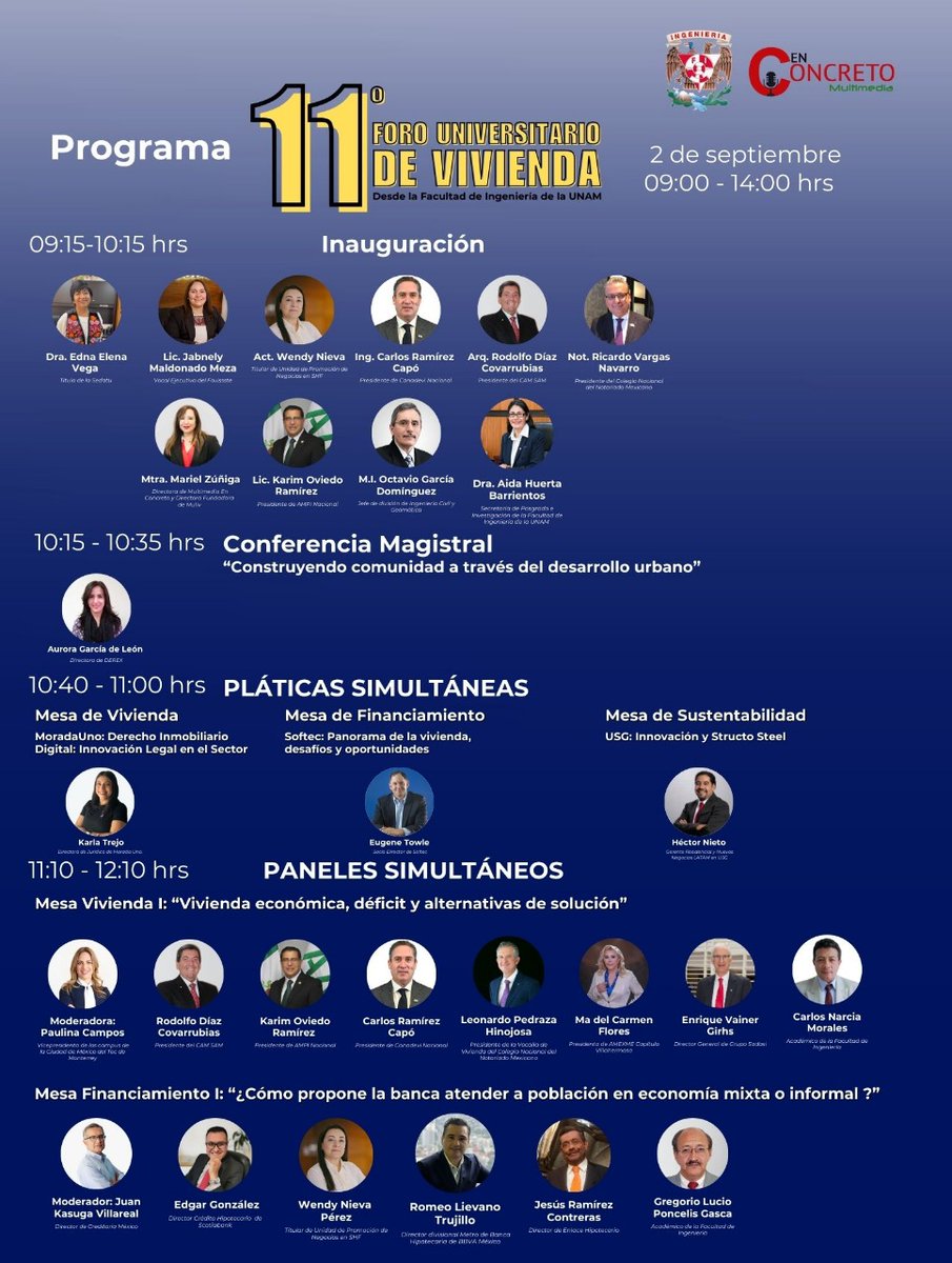 enconcreto's tweet photo. 📖✨ ¡El momento se acerca!
Faltan pocos días para el 11º #ForoUniversitario de Vivienda 🏡🚀

Aquí te dejamos el programa oficial para que no te pierdas nada 👇
🔴 2 de septiembre | 9:00-14:00 hrs | @FIUNAM_MX
En vivo 👉 https://t.co/pyV6hE8yse

🙌 ¡Prepárate para ser parte del cambio hacia una vivienda digna, accesible y sostenible!