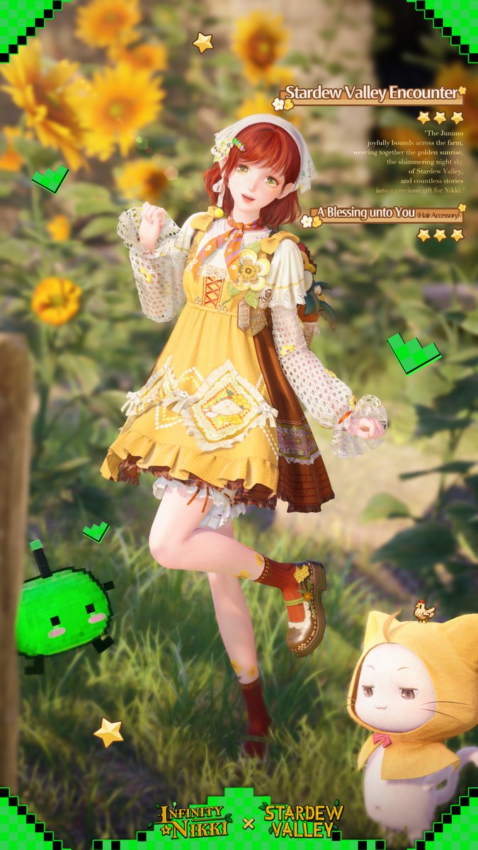 InfinityNikkiEN's tweet image. ♾️Infinity Nikki Version 1.9 Music Season | The Free Outfit [Stardew Valley Encounter] Available for a Limited Time

The Junimo joyfully bounds across the farm, weaving together the golden sunrise, the shimmering night sky of Stardew Valley, and countless stories into a…