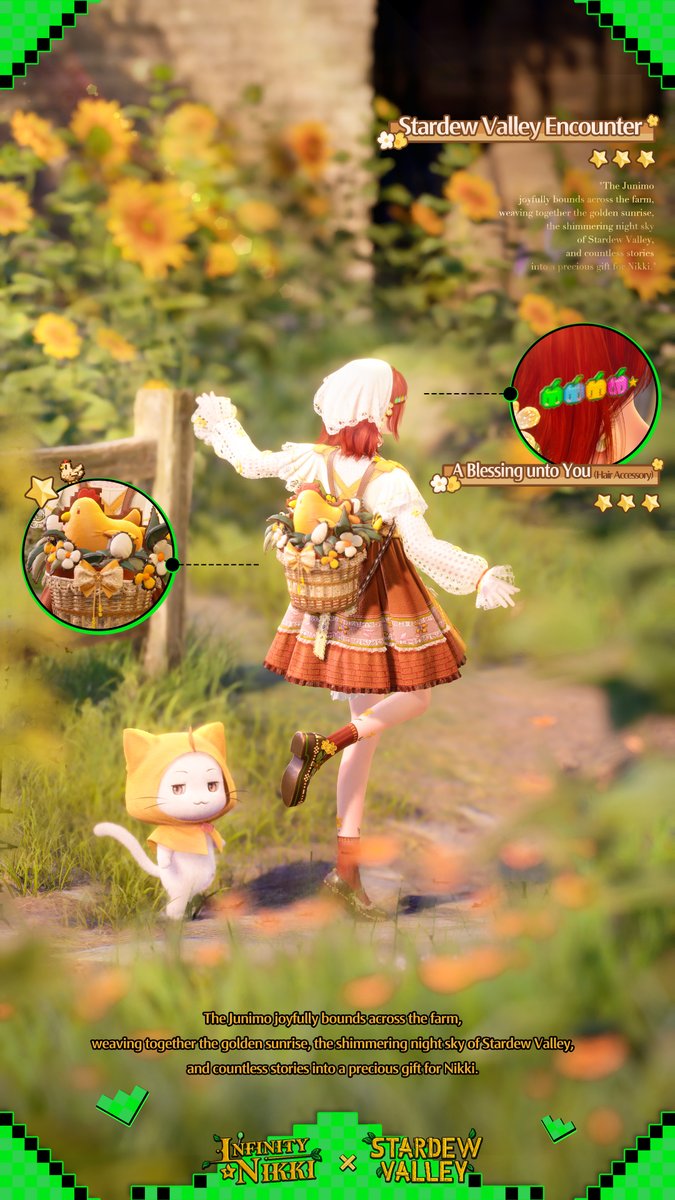 InfinityNikkiEN's tweet image. ♾️Infinity Nikki Version 1.9 Music Season | The Free Outfit [Stardew Valley Encounter] Available for a Limited Time

The Junimo joyfully bounds across the farm, weaving together the golden sunrise, the shimmering night sky of Stardew Valley, and countless stories into a…