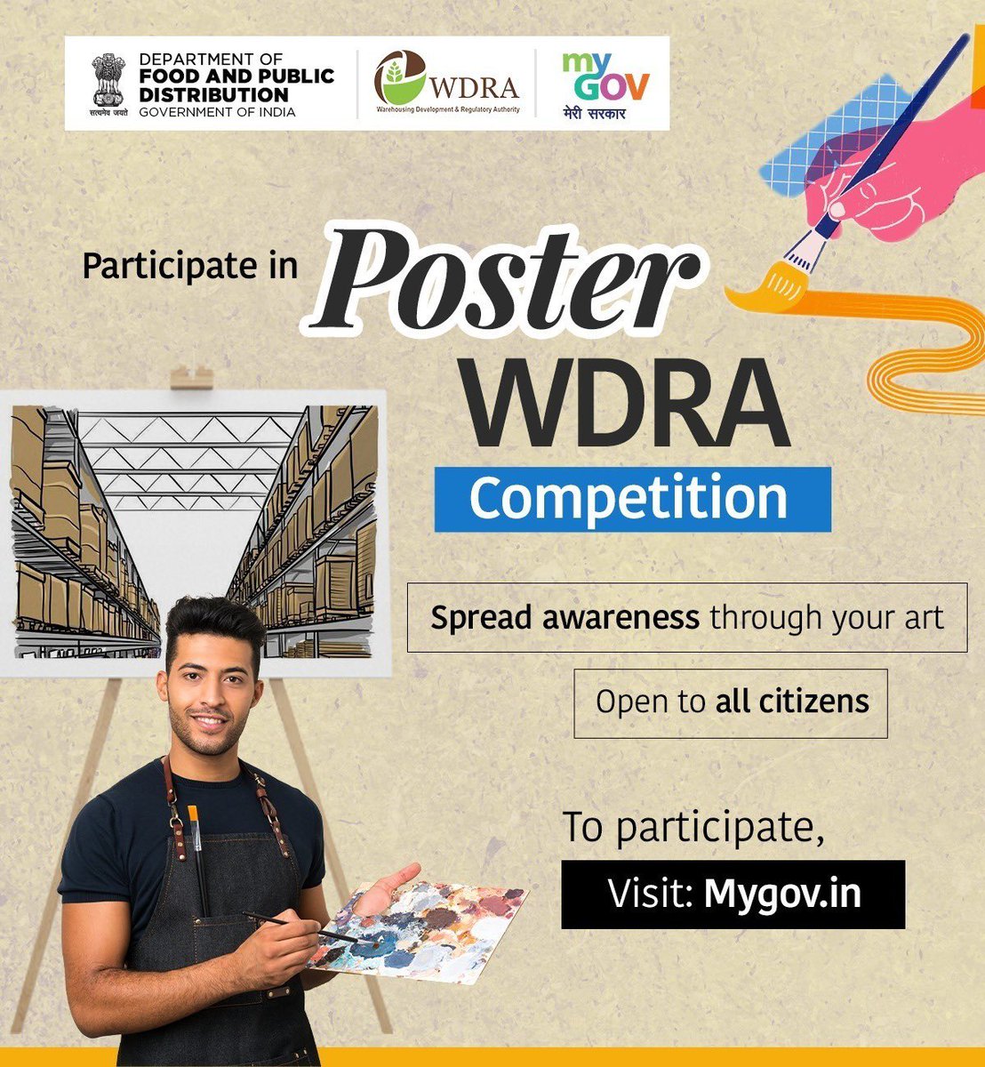 mygovindia's tweet photo. Create. Innovate. Transform Warehousing!

Join the WDRA Poster Competition &amp; illustrate your vision for safe, scientific, and tech-powered storage.

👉 https://t.co/Jvrkghm57S 

#PosterMakingContest #WDRA

@fooddeptgoi https://t.co/GEEfz9MgBT
