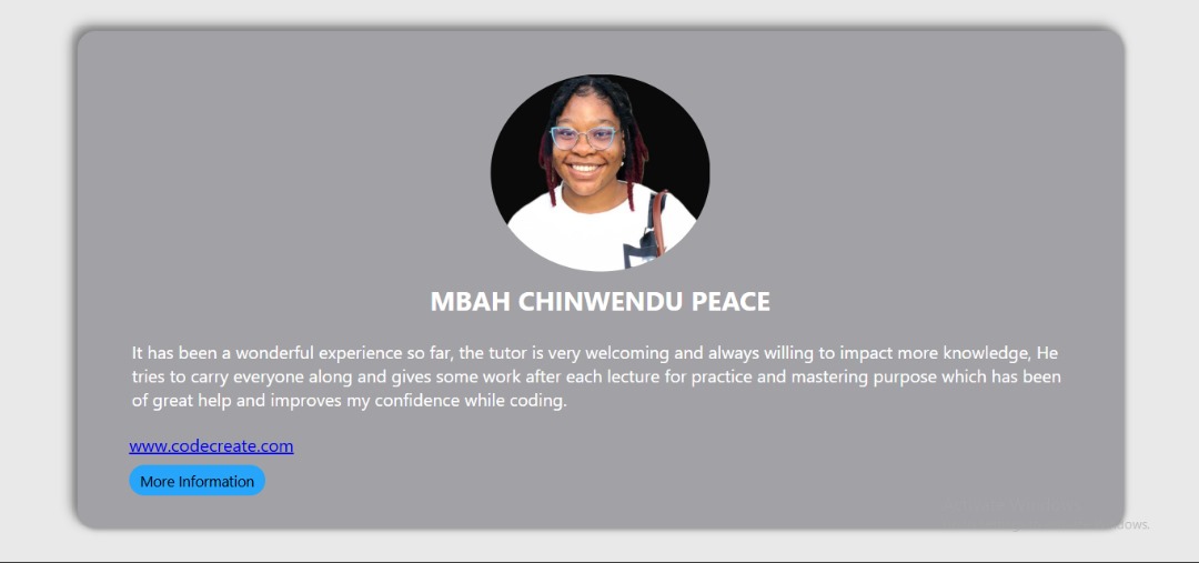 PeaceAlma1's tweet image. My journey with @codecreatehq has been an exciting one. I've moved from the basics of HTML to exploring CSS, backgrounds, divs, colors, fonts, images and giving my page more structure.
#TechForGood
#DigitalSkills
#CodeandCreateBootcamp
#WebDevelopment
#SoftwareEngineering