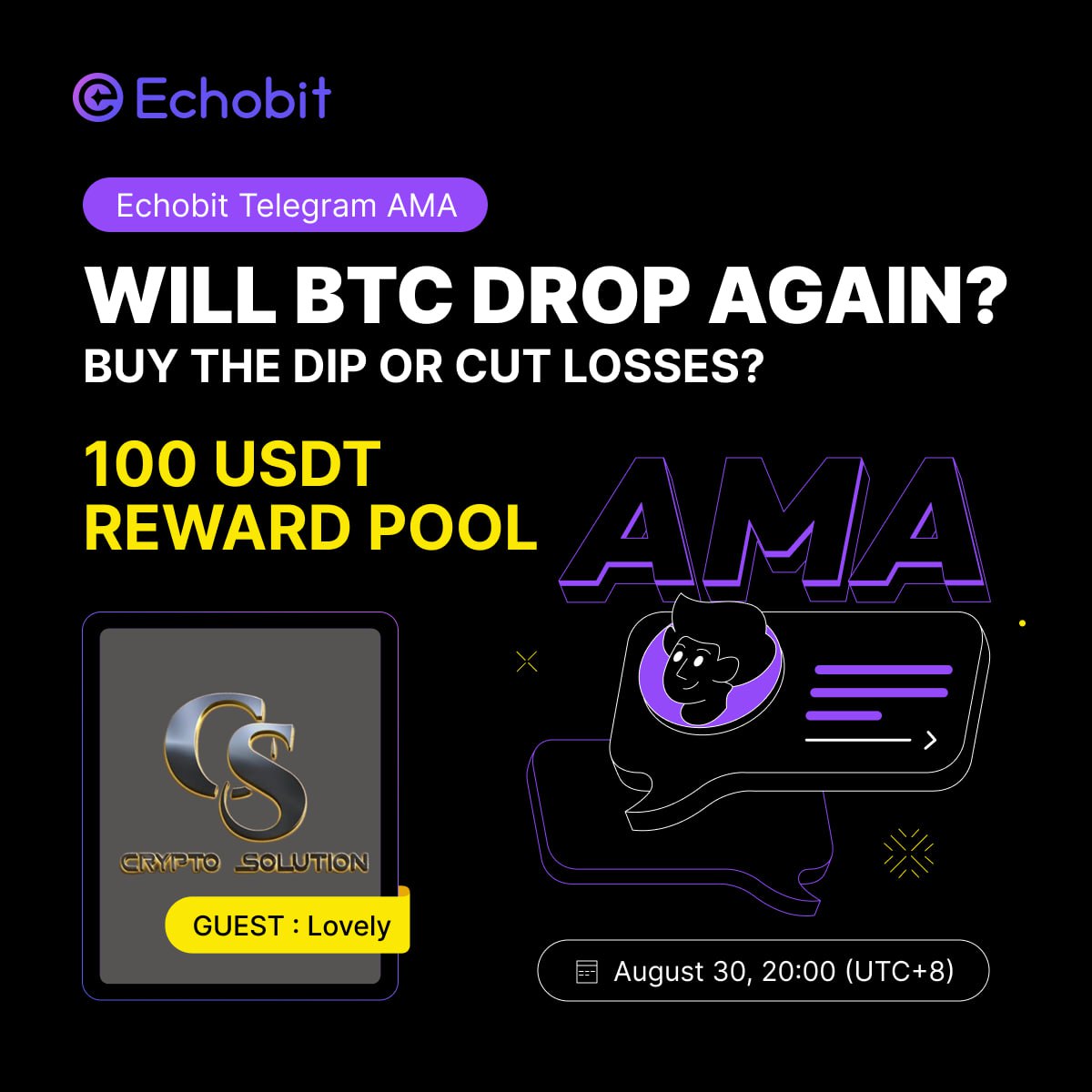 CryptoSolutionG's tweet image. 🔊 #TEXTAMA Crypto Solution Glad To Announce With Echobit

⏰ Date : 30Th August 2025
🕒Time : 12:00 PM UTC
💰Reward : $100 USDT  

💬 Guest :
~ Lovely 

🏠Venue:
 t.me/EchobitOfficial

〽️Rules: 

1⃣ Follow : @CryptoSolutionG &amp;amp; @EchobitExchange

2⃣ Like &amp;amp; Retweet