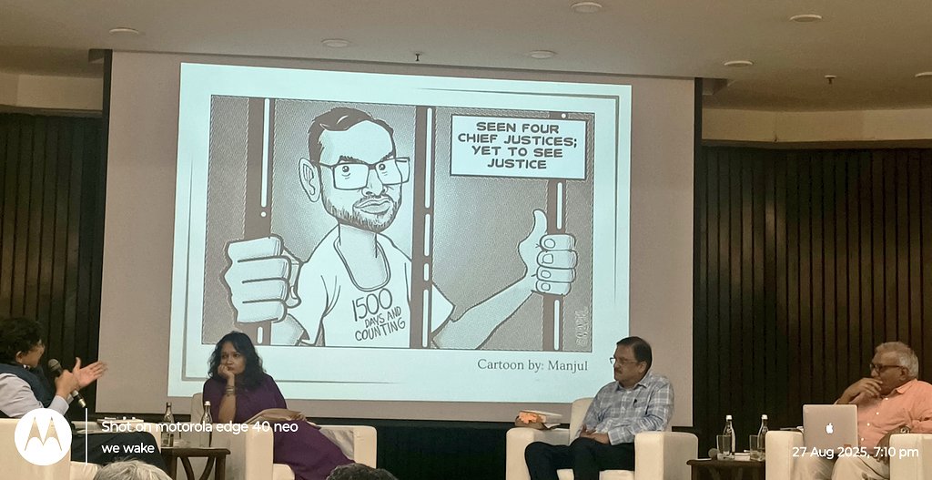 legallyuddin's tweet photo. Such a powerful picture (in both ways). 

"Seen four Chief Justices; yet to see justice"

A sketch by Manjul on Umar's 1500 days in jail. We have seen rape convicts getting numerous paroles but accused/under trials, not even bail? https://t.co/0jQUtVFJJx