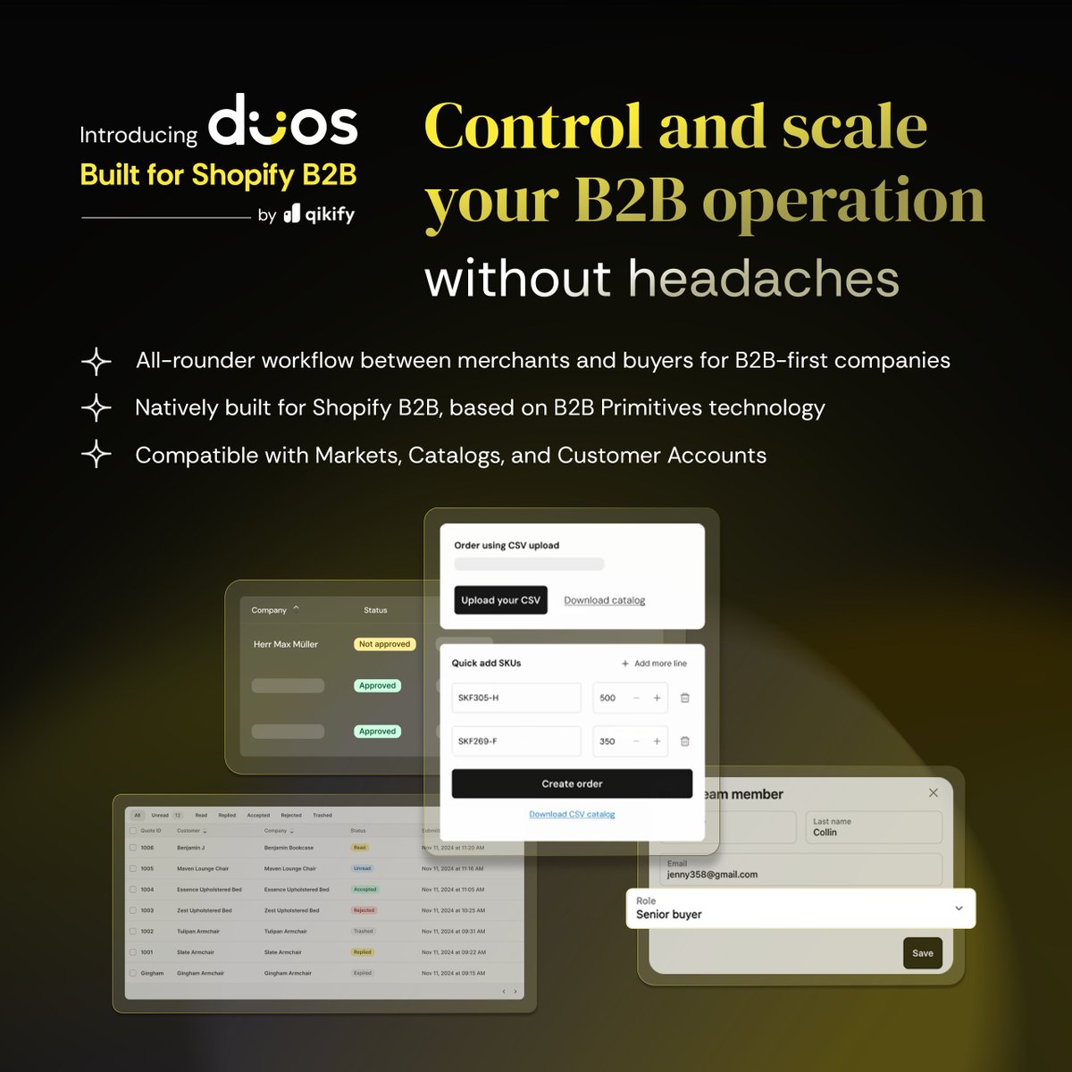 ✨Meet 𝐃𝐮𝐨𝐬 𝐁𝟐𝐁 𝐛𝐲 𝐐𝐢𝐤𝐢𝐟𝐲—your all-in-one solution to power wholesale on <a href="/Shopify/">Shopify</a> Plus ✨

Built on Shopify’s latest B2B primitives, Duos brings a professional, self-service experience for your wholesale clients.

👉 apps.shopify.com/duos-b2b?utm_s…